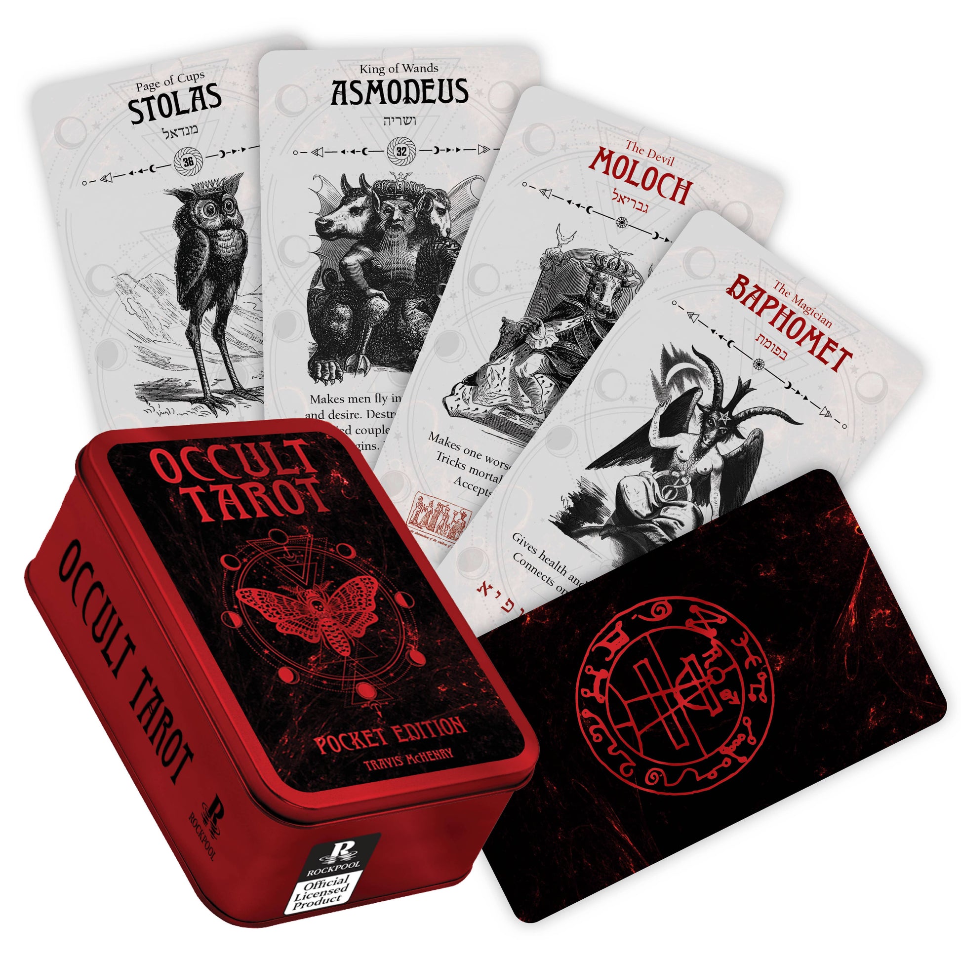 Occult Tarot cards with a red tin box on a white background