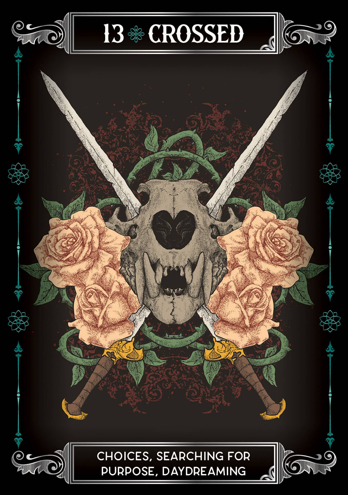 Illustration of a skull with crossed swords and roses on a dark background, featuring the brand '13 Crossed'.