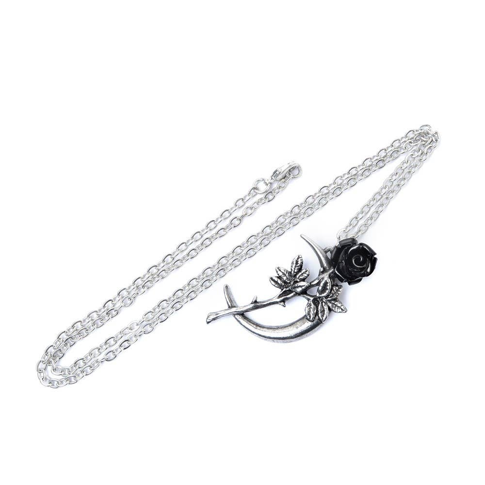 Silver necklace with a black rose pendant on a white background