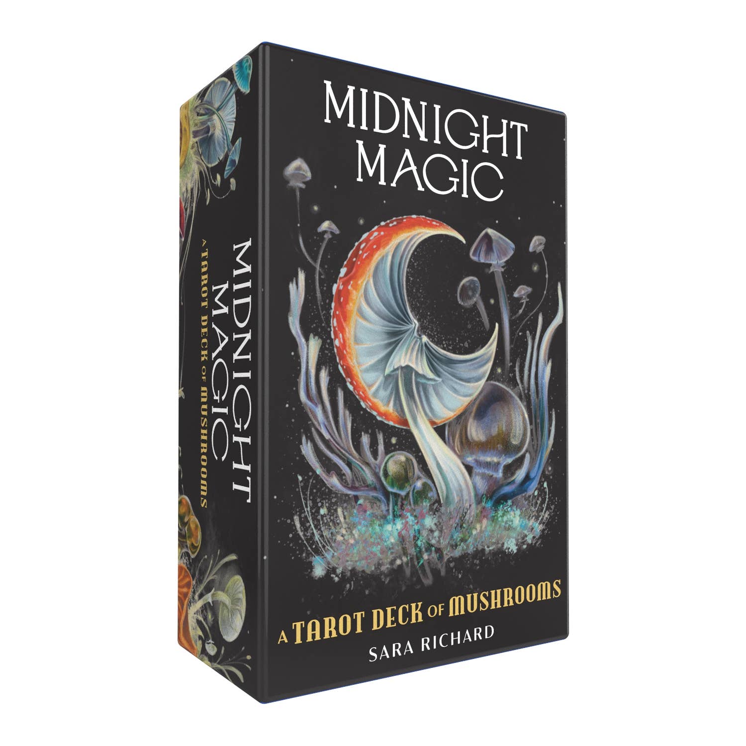Box of 'Midnight Magic' tarot deck with mushroom design on a white background