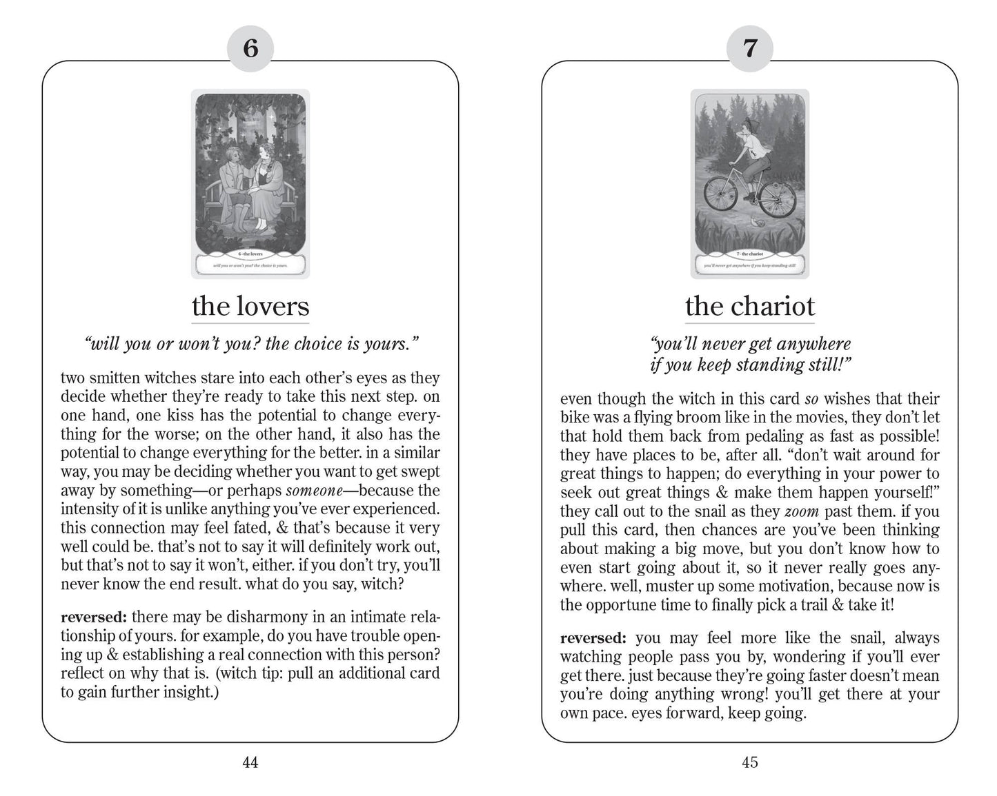 Two tarot cards from a deck, 'The Lovers' and 'The Chariot', with text and illustrations.