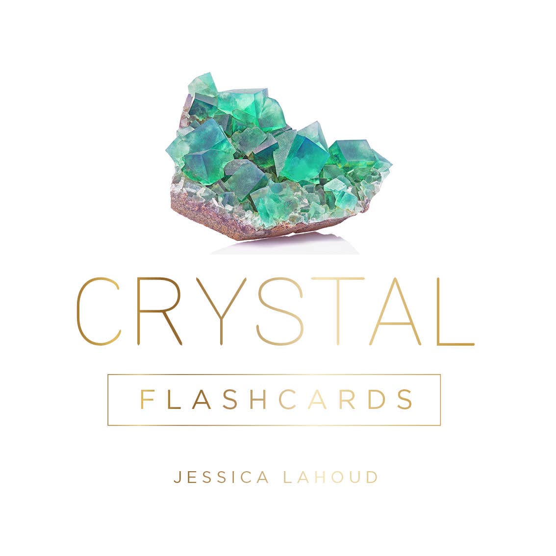 Crystal flashcards with green crystals on a white background