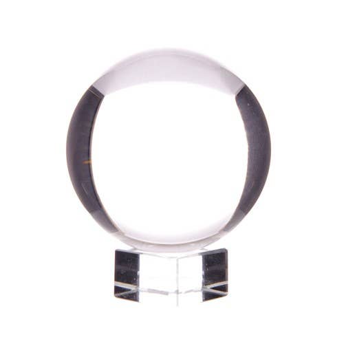 Clear crystal ball on clear stand with white background