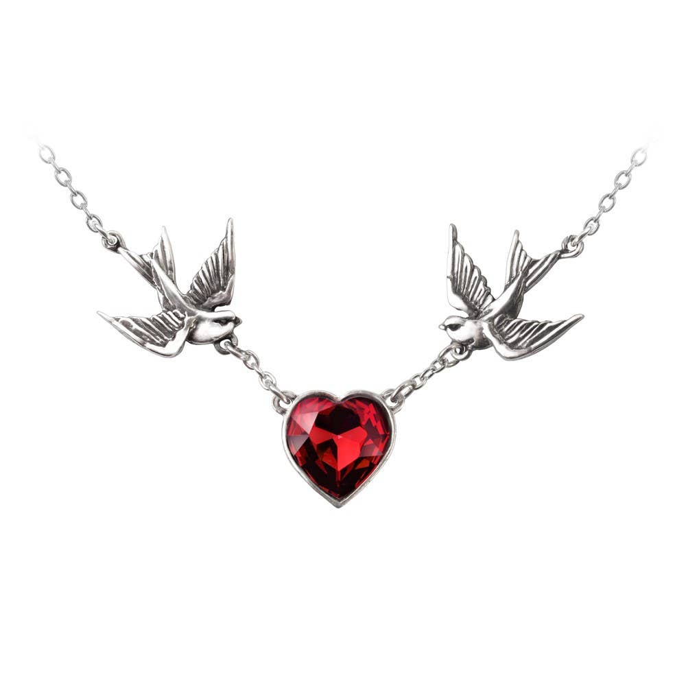 Necklace with two swallows and a red heart pendant on a white background