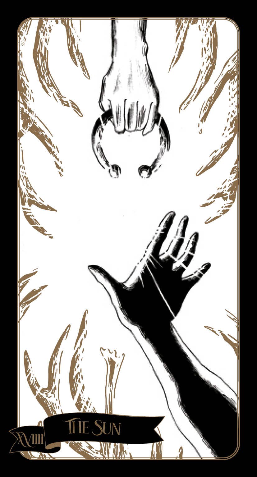Tarot card titled 'The Sun' with black and white illustration of a hand reaching towards the sun.