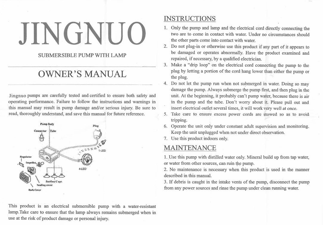 Owner's manual for a JINGNUO submersible pump with lamp, including text and a diagram.