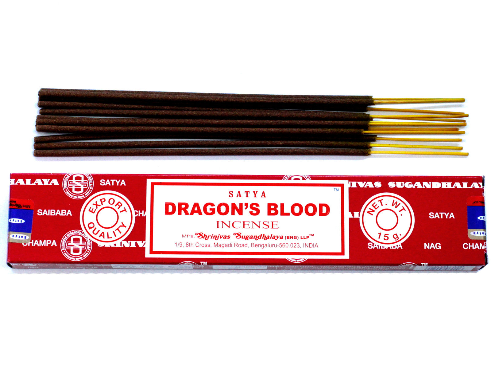 Satya Dragon's Blood incense packaging with sticks on a white background