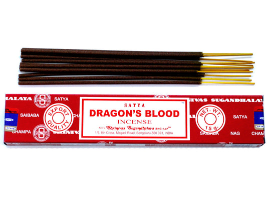Satya Dragon's Blood incense packaging with sticks on a white background