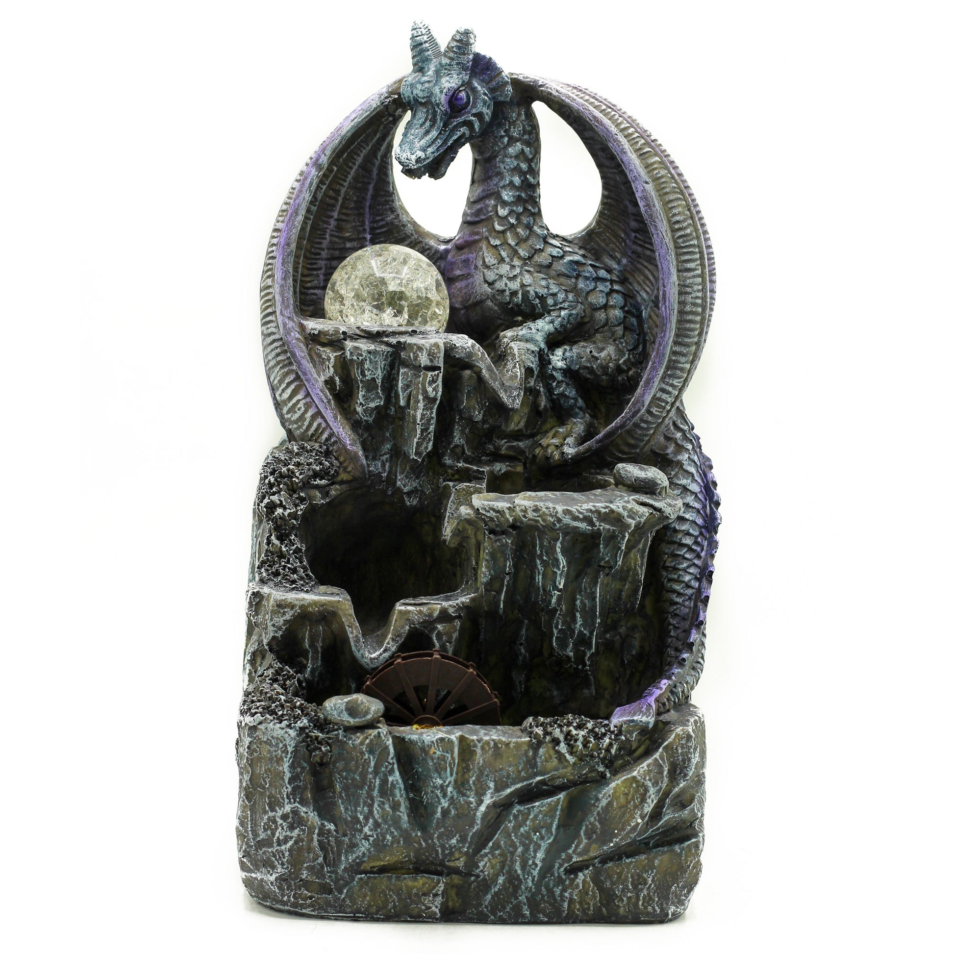 Dragon-themed decorative water fountain with a moonstone on a white background
