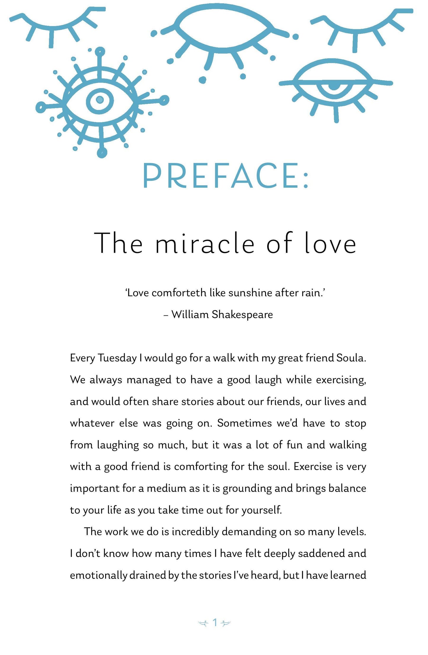 Preface page with blue eye illustrations and a quote by William Shakespeare on a white background.