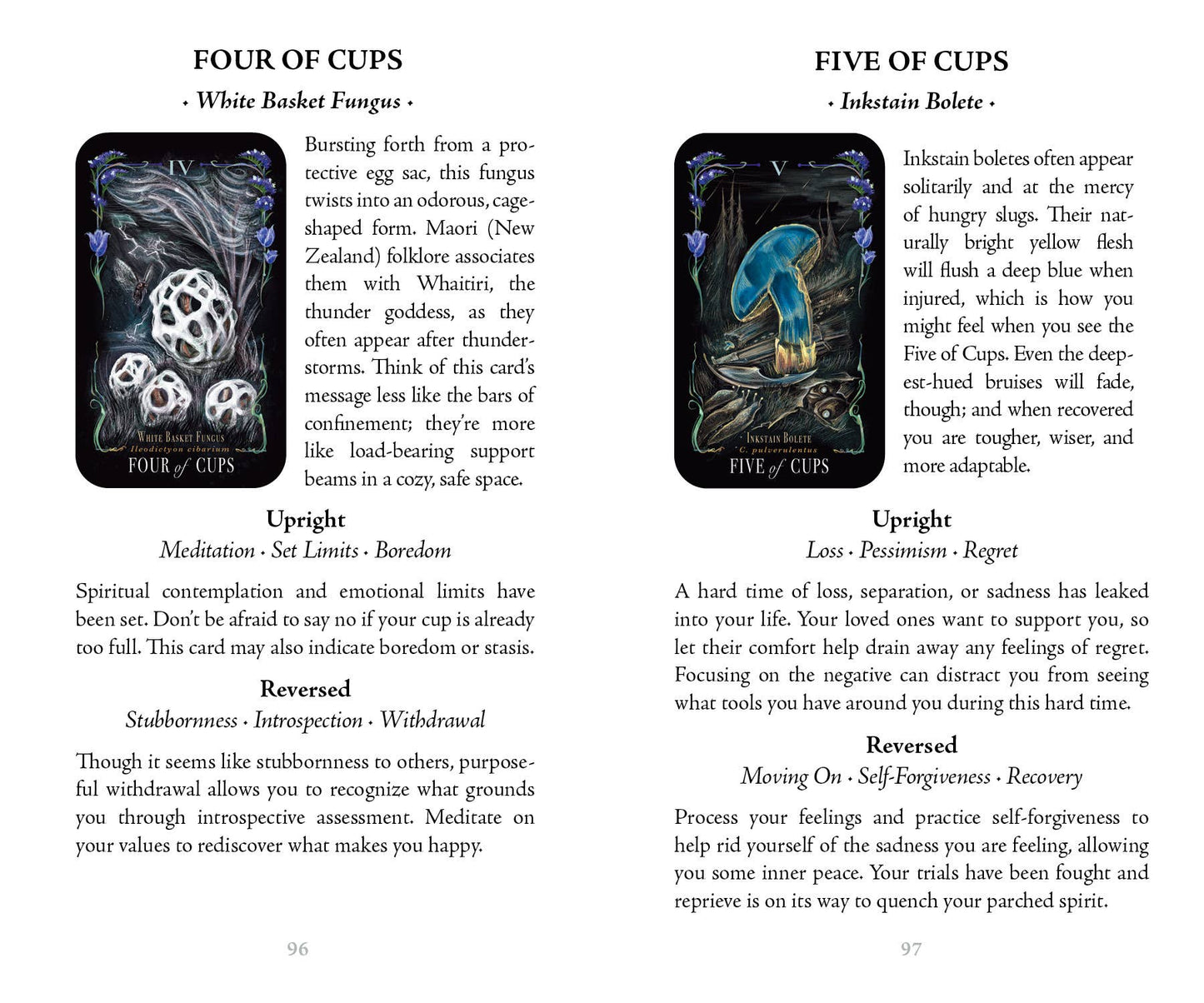 Two tarot cards titled 'Four of Cups' and 'Five of Cups' with descriptions and meanings.