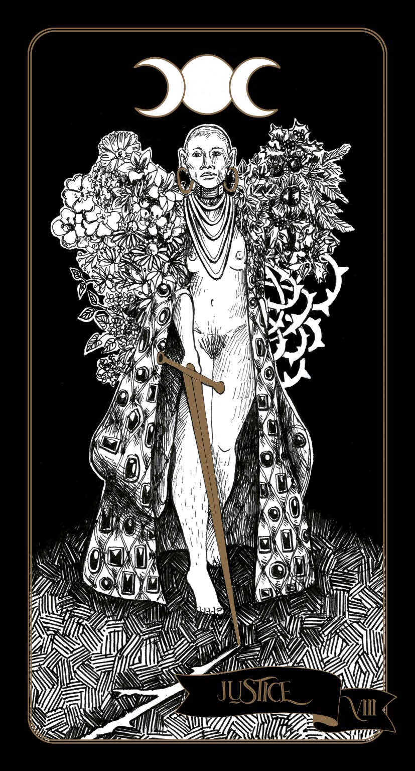 Tarot card featuring a figure labeled 'Justice' with intricate designs and symbols.