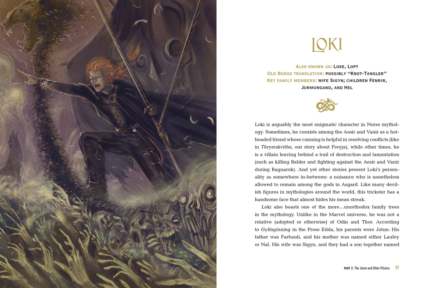 Illustration of a character with red hair and a dark outfit, with a text about 'Loki' on the right.