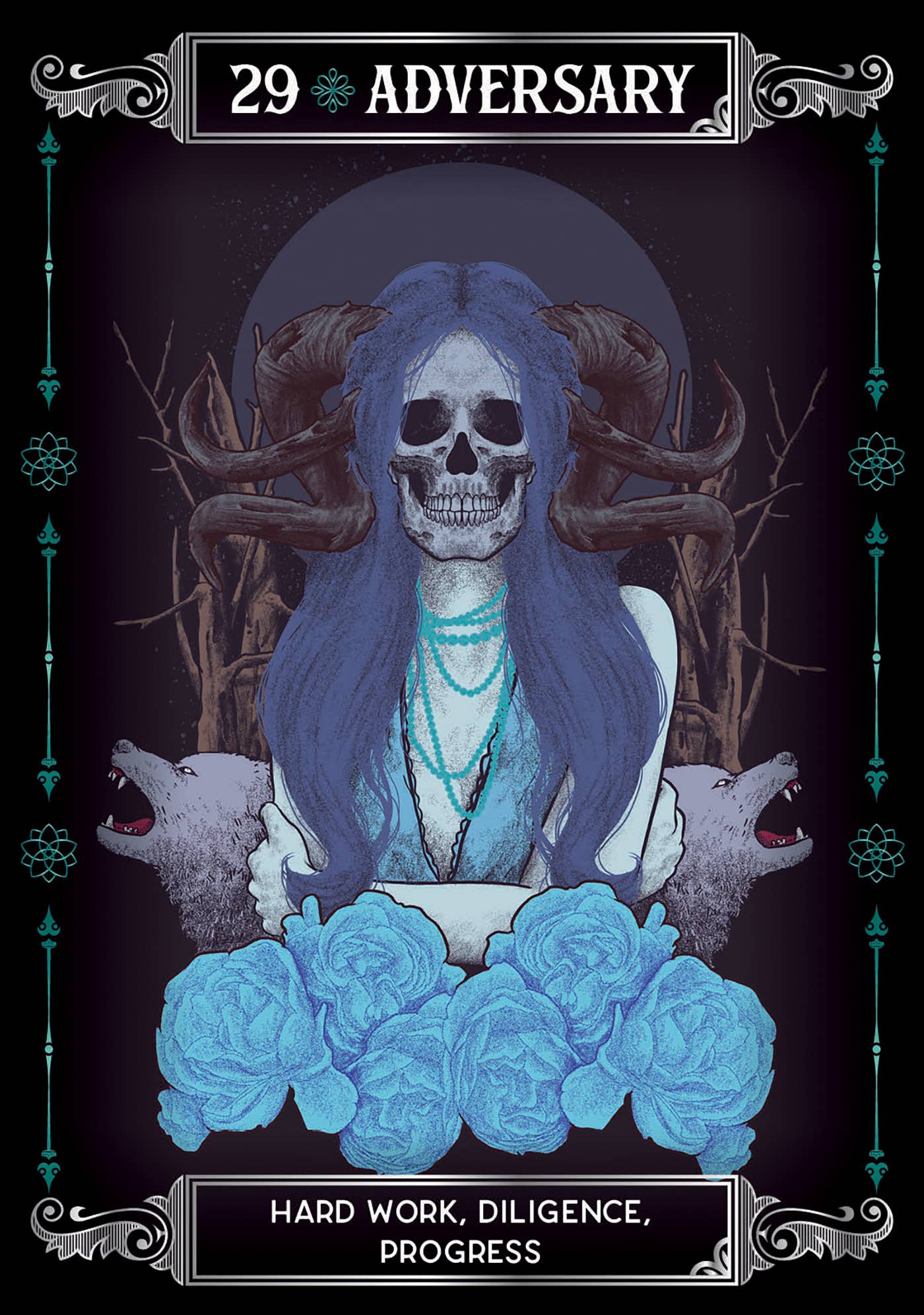 Illustration of a skeleton with blue hair and roses, surrounded by wolves, on a dark background.