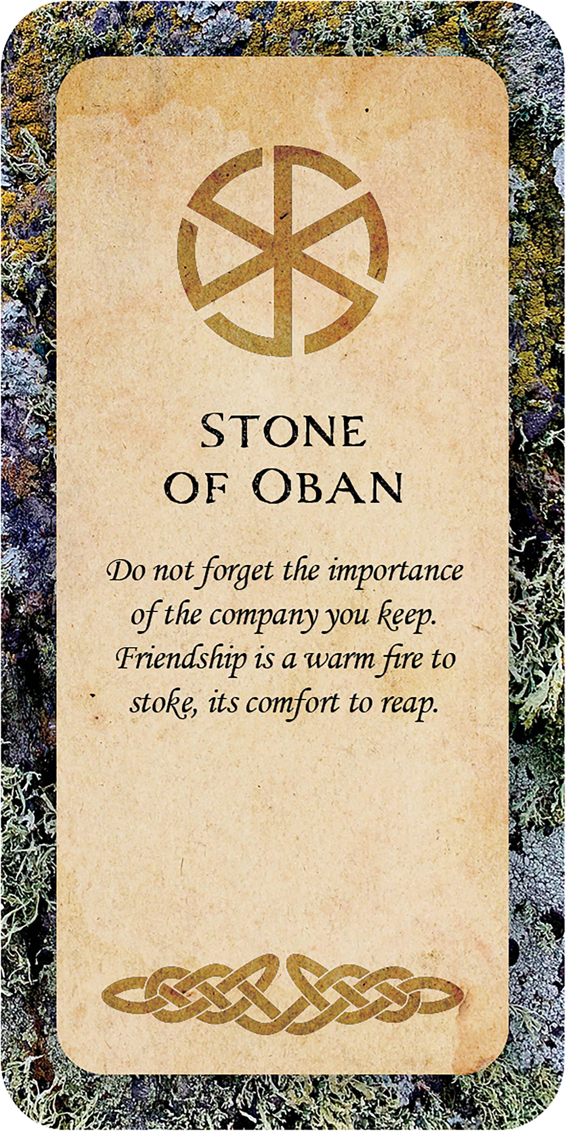 Card with 'Stone of Oban' design and text on a textured background