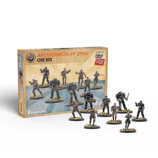 Wargame miniatures set with 'Brotherhood of Steel' core box on a white background