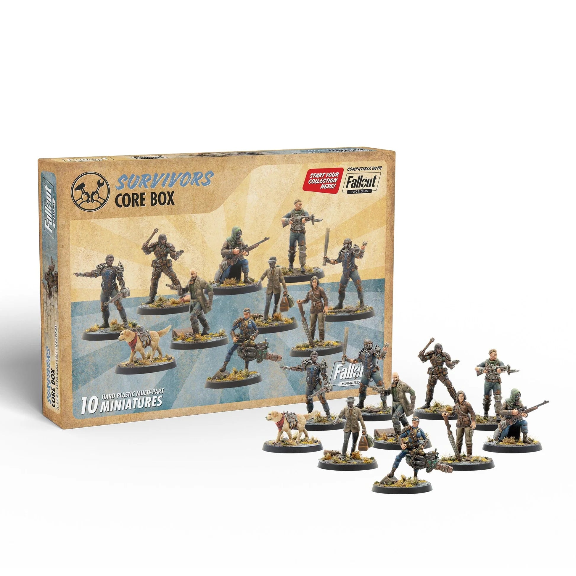 Boxed set of 'Fallout' Survivors miniatures on a white background