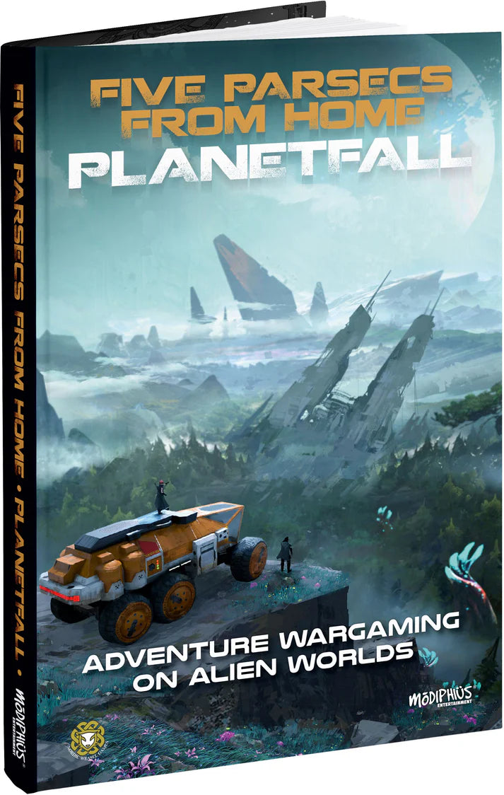 Book titled 'Five Parsecs from Home: Planetfall' with a futuristic landscape on the cover.