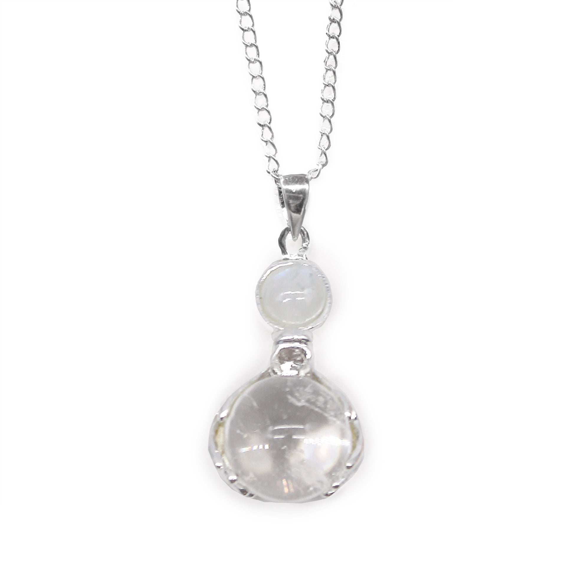 Silver necklace with two clear gemstone pendants on a white background