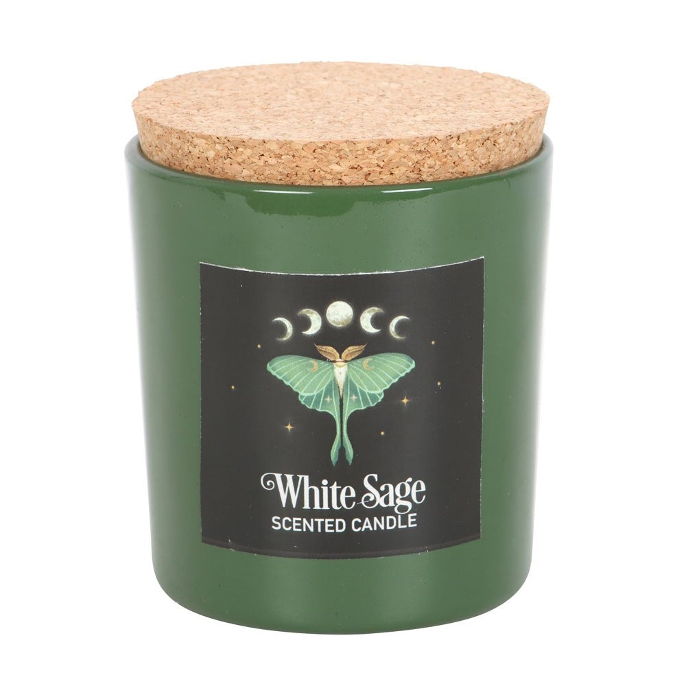 White sage scented candle in green jar with cork top