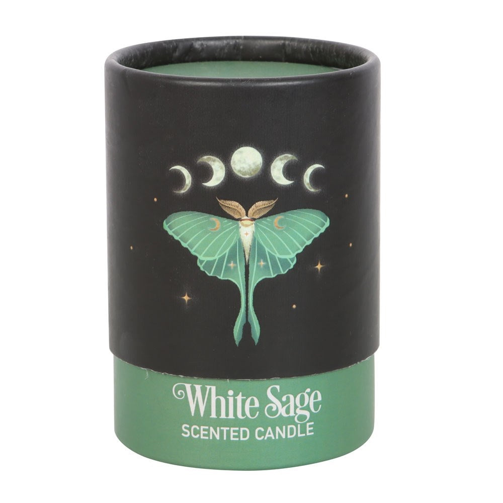 White sage scented candle packaging on white background