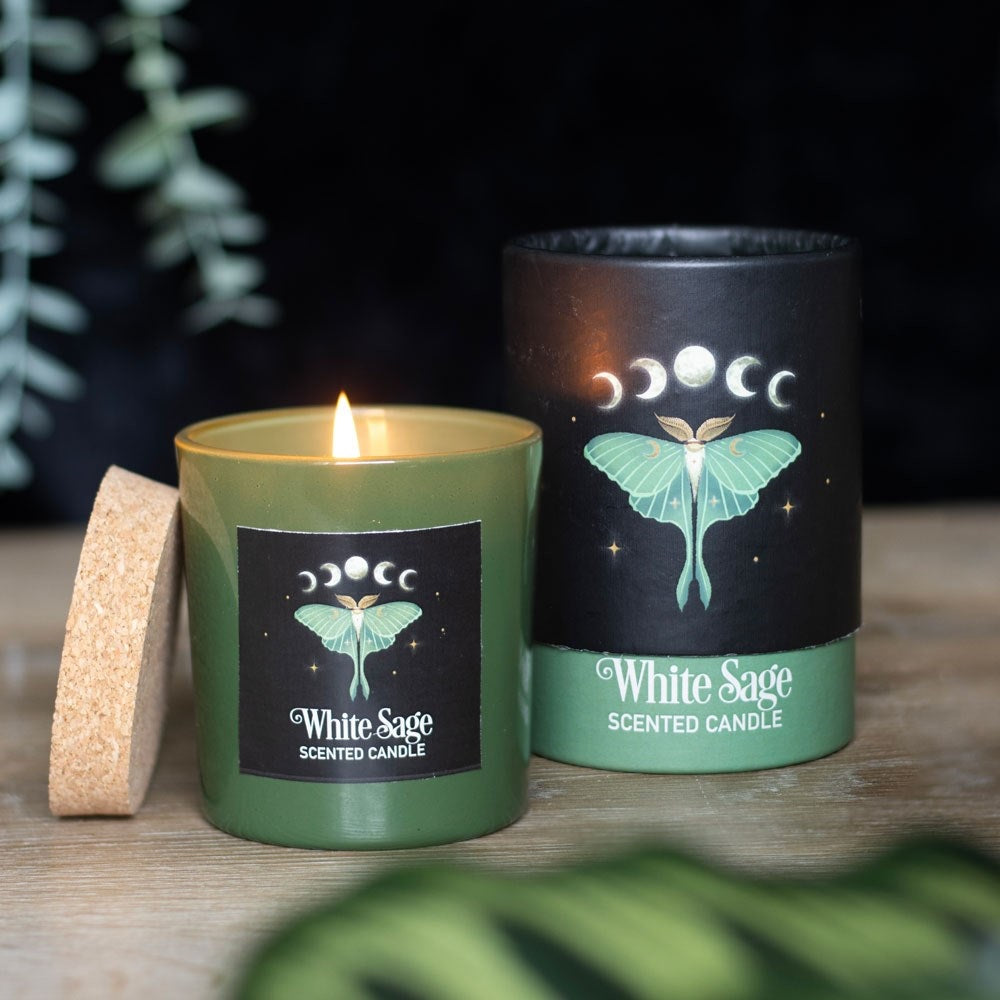 White sage scented candle lit next to packaging and displayed on a wooden surface