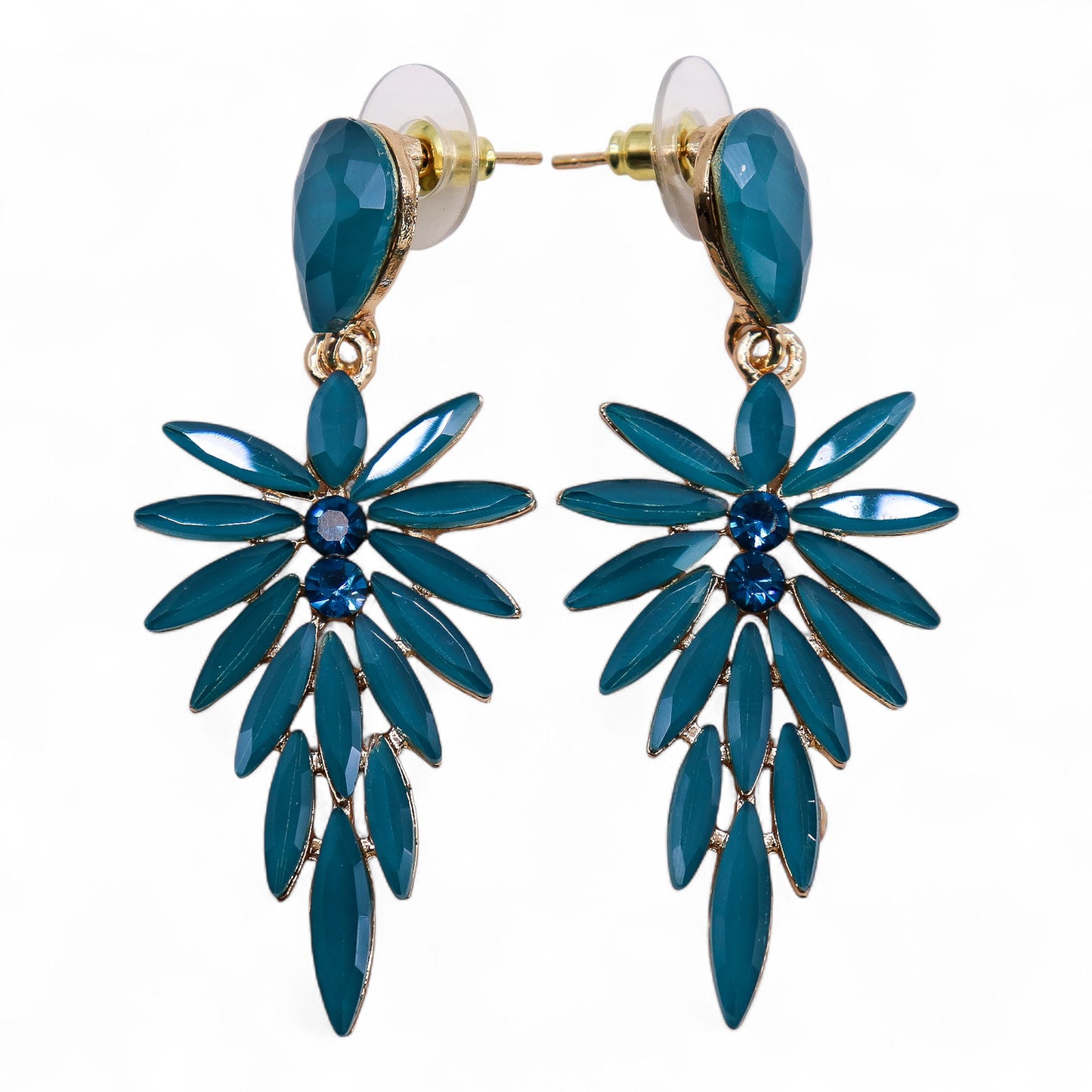 Pair of nymph aurora blue floral earrings on a white background