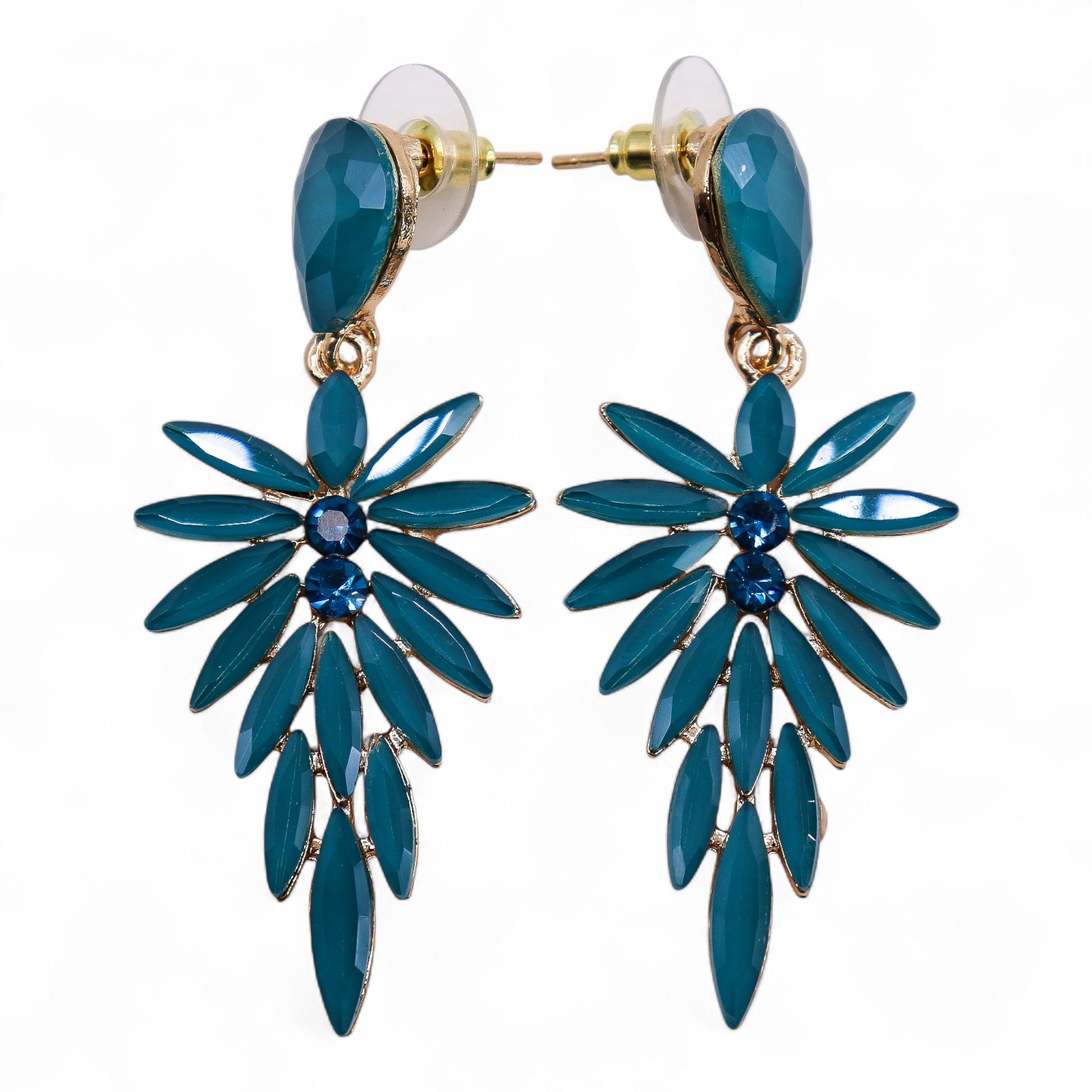 Pair of nymph aurora blue floral earrings on a white background