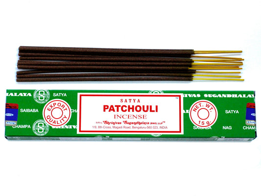 Satya Patchouli incense sticks with packaging on a white background