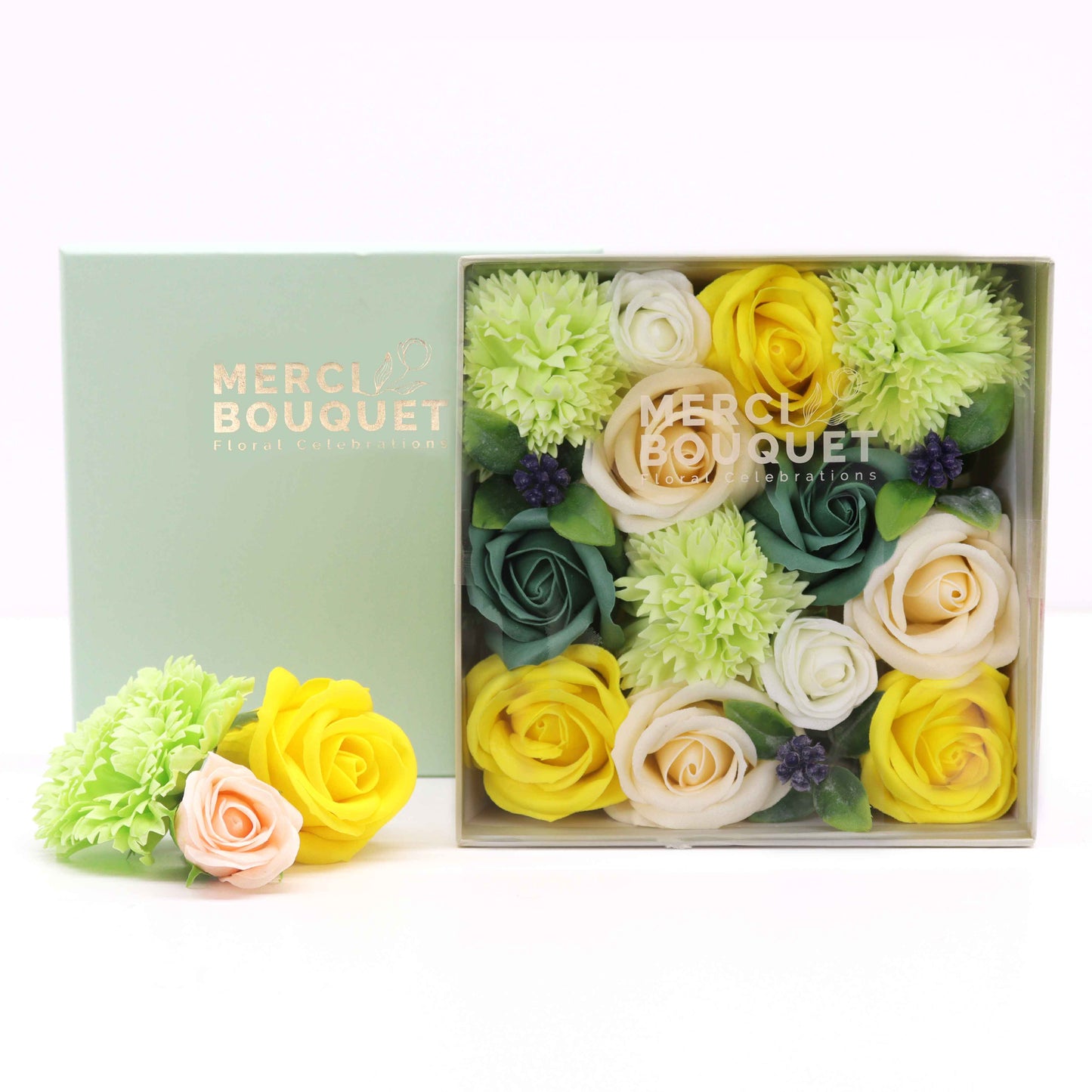 Soap Flower Gift Round Box - Square Box - Spring Celebrations - Yellow & Greens