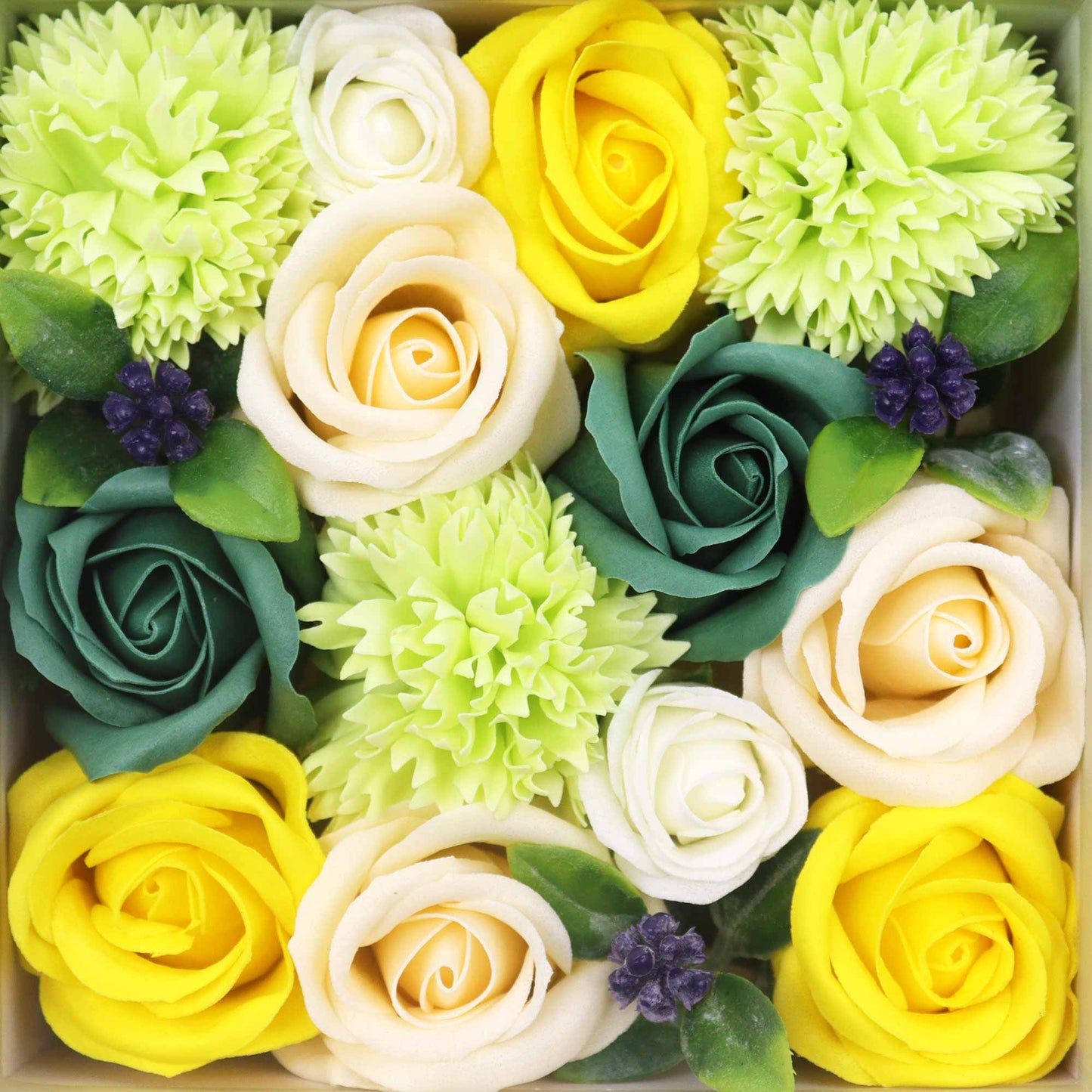 Soap Flower Gift Round Box - Square Box - Spring Celebrations - Yellow & Greens