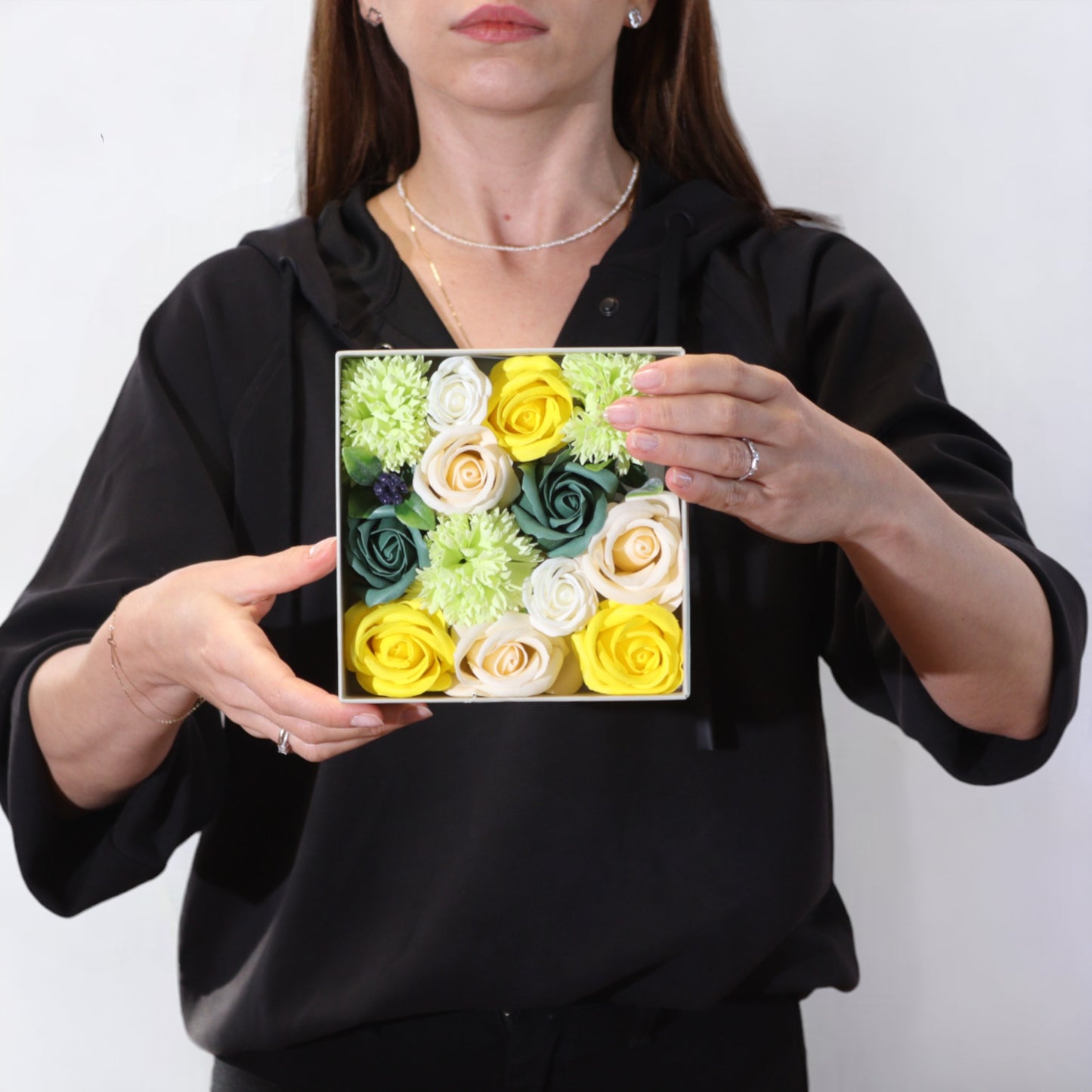 Soap Flower Gift Round Box - Square Box - Spring Celebrations - Yellow & Greens