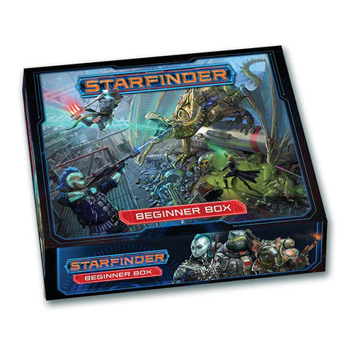 Starfinder Beginner Box packaging with characters and vehicles on a white background